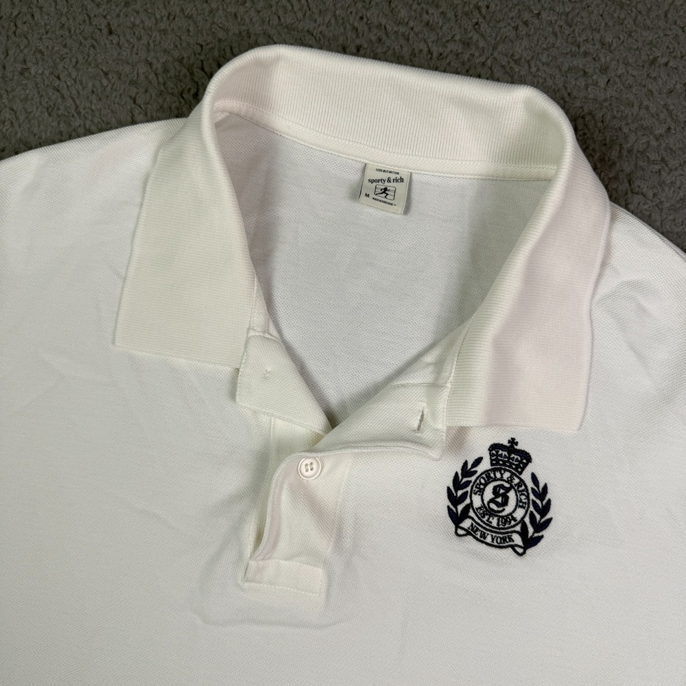Sporty & Rich Polo Shirt Mens M White Short Sleeve Cropped Embroidered Logo